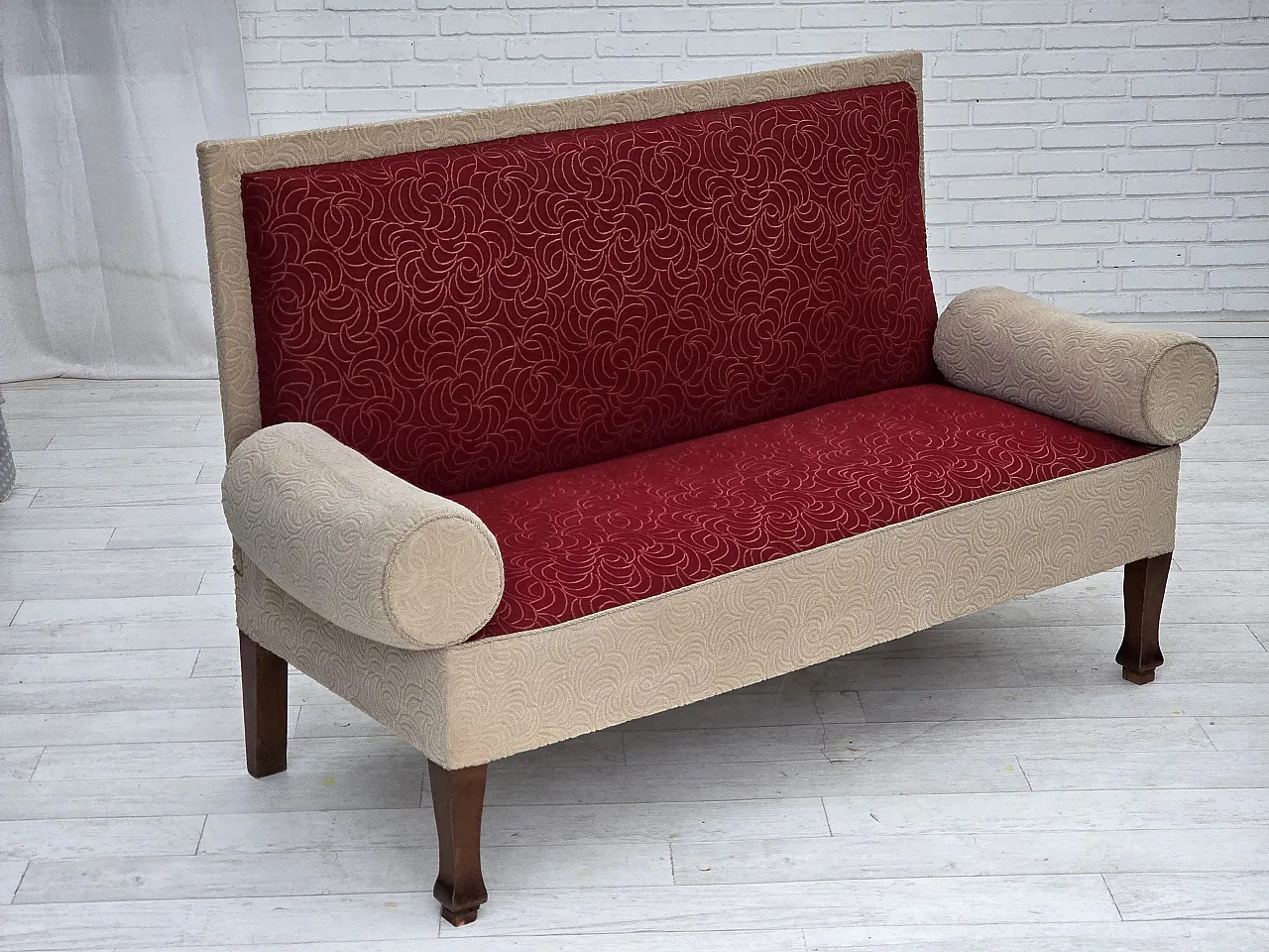 Danish sofa-daybed, red/beige wool, ash wood legs, 1950s 9