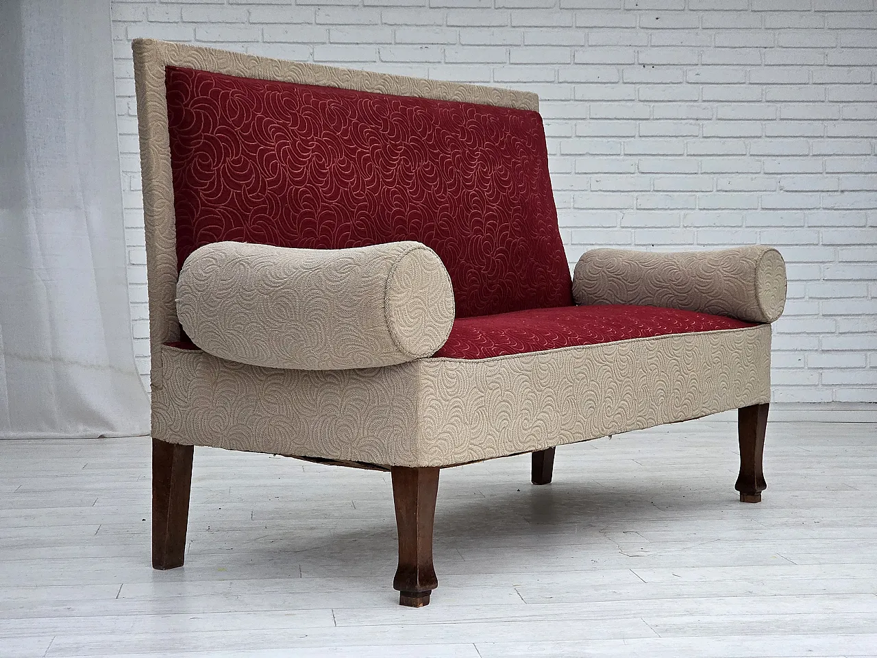 Danish sofa-daybed, red/beige wool, ash wood legs, 1950s 10