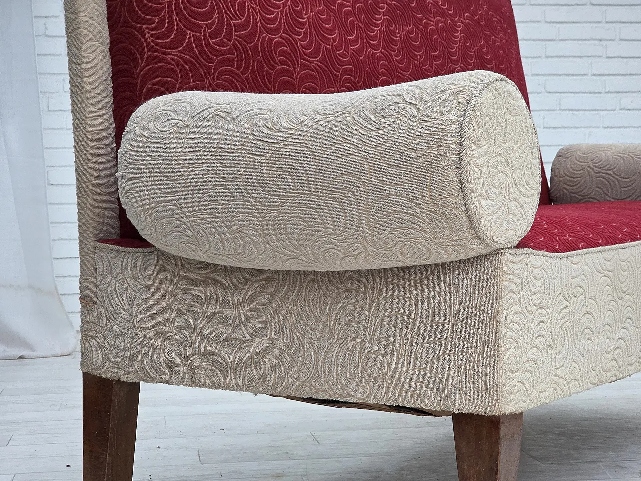 Danish sofa-daybed, red/beige wool, ash wood legs, 1950s 11