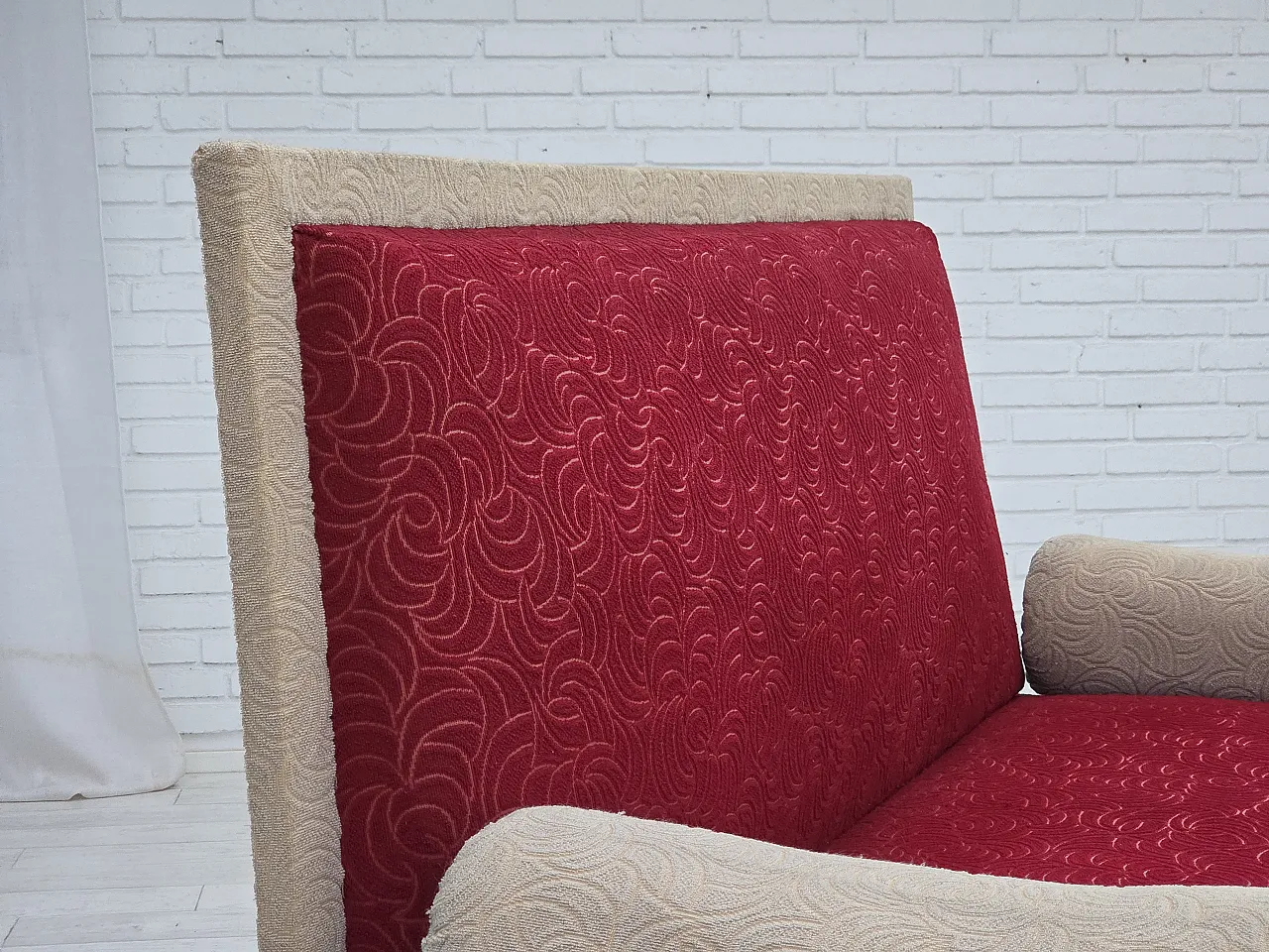 Danish sofa-daybed, red/beige wool, ash wood legs, 1950s 12