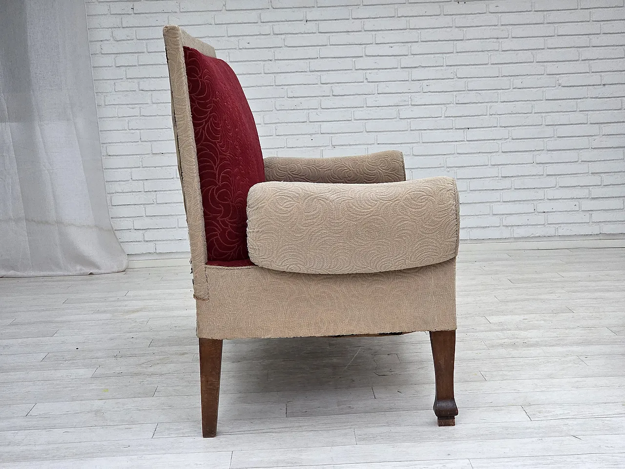 Danish sofa-daybed, red/beige wool, ash wood legs, 1950s 13