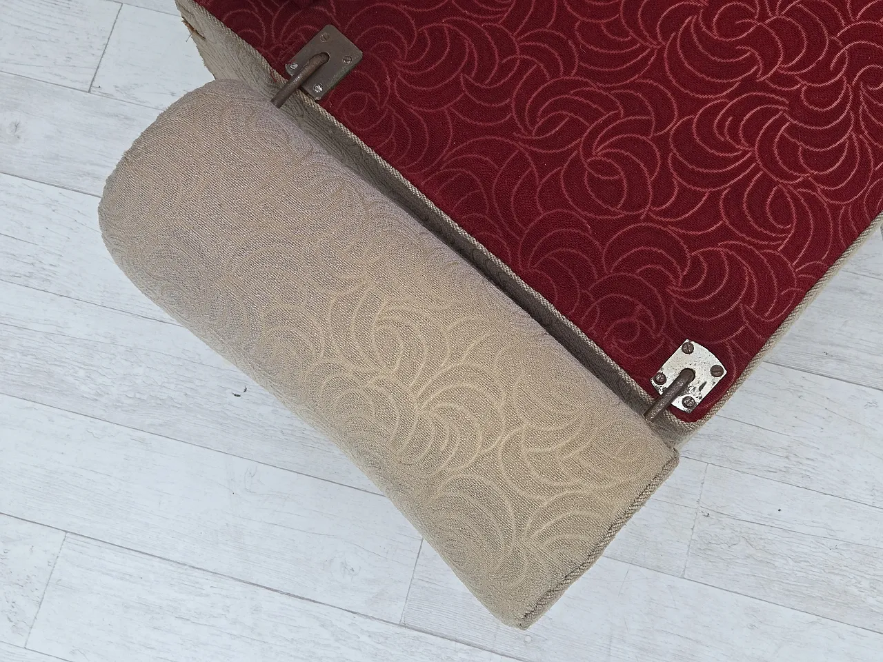 Danish sofa-daybed, red/beige wool, ash wood legs, 1950s 14