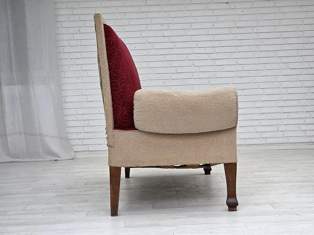 Danish sofa-daybed, red/beige wool, ash wood legs, 1950s 15