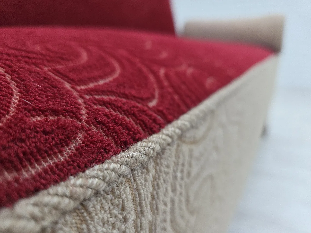 Danish sofa-daybed, red/beige wool, ash wood legs, 1950s 16