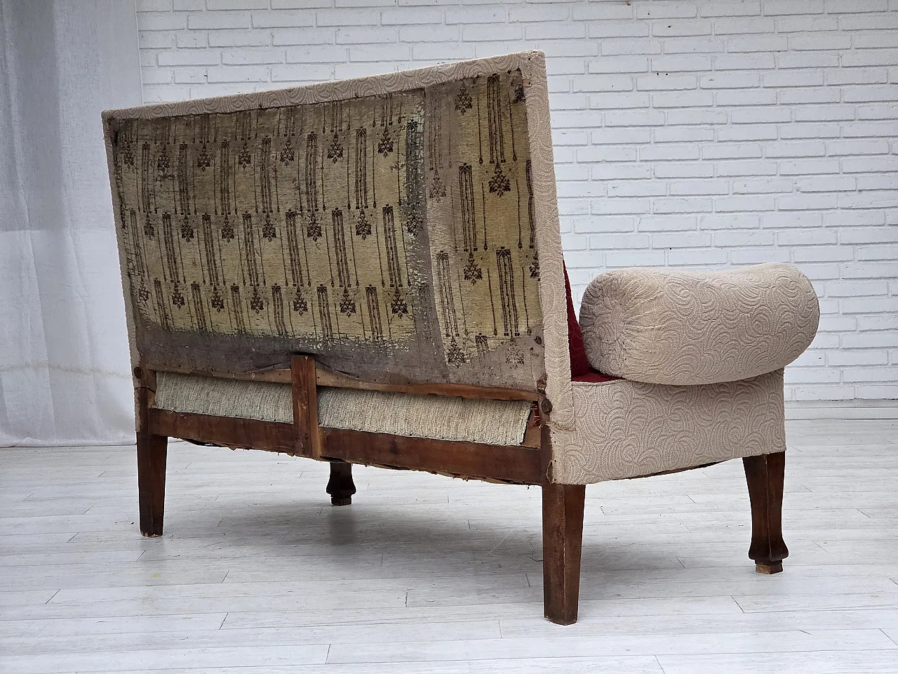 Danish sofa-daybed, red/beige wool, ash wood legs, 1950s 17
