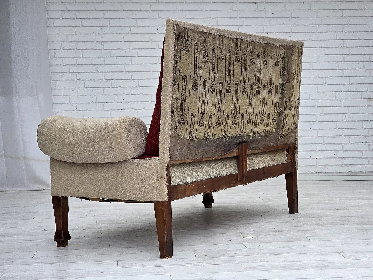 Danish sofa-daybed, red/beige wool, ash wood legs, 1950s 19