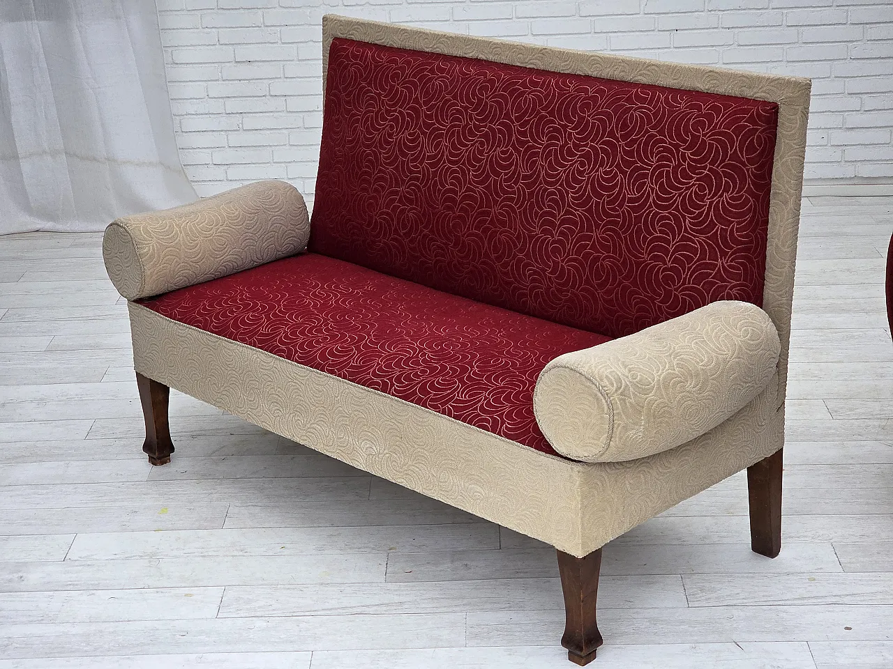 Danish sofa-daybed, red/beige wool, ash wood legs, 1950s 20
