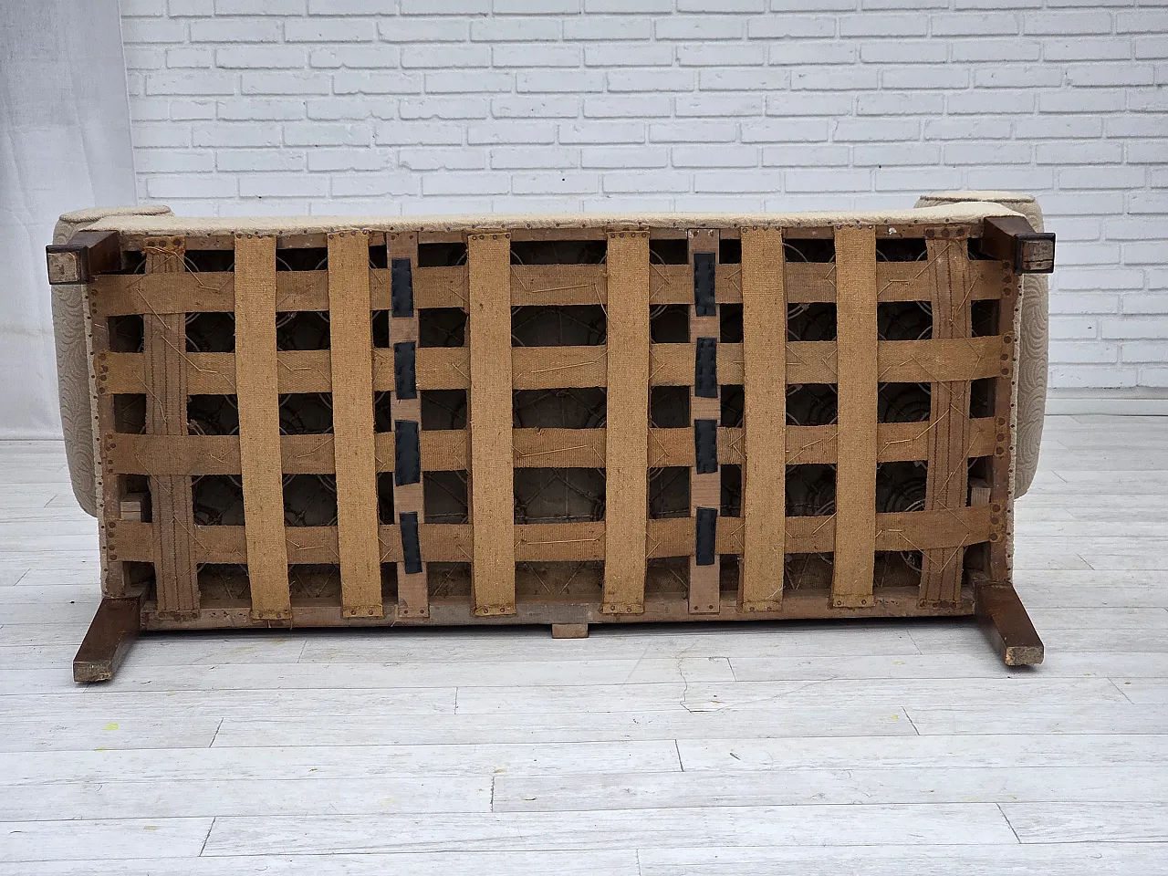 Danish sofa-daybed, red/beige wool, ash wood legs, 1950s 22