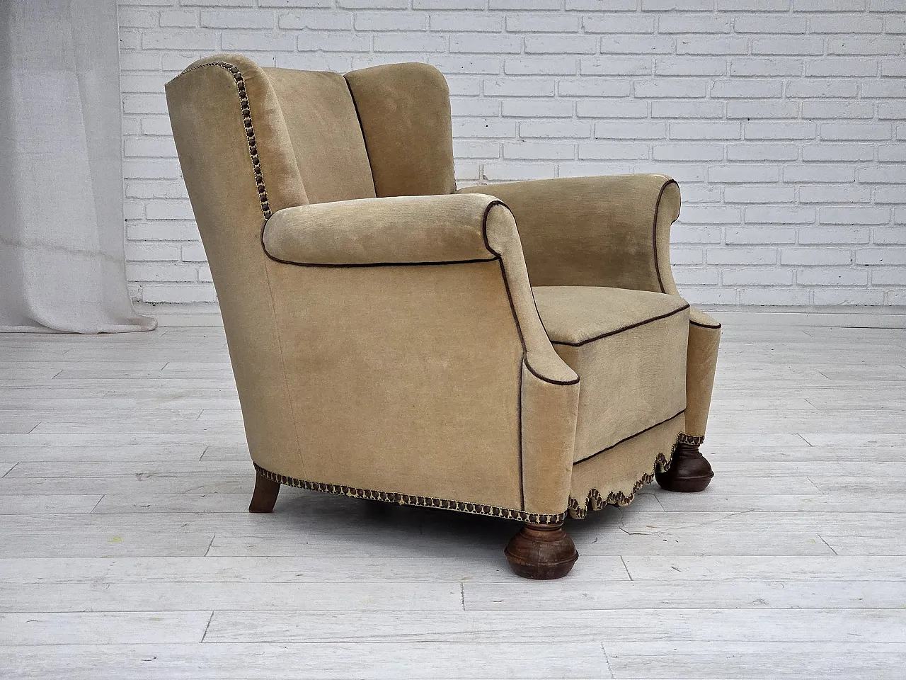 Danish relax chair velour with patina, oak wood, 1950s 4