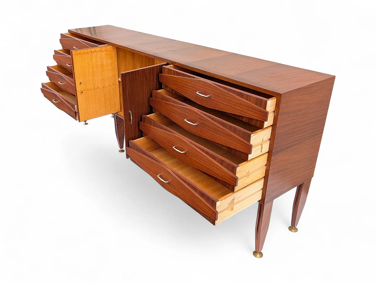 Teak wood cabinet with 2 doors and 8 drawers, 1950s 3