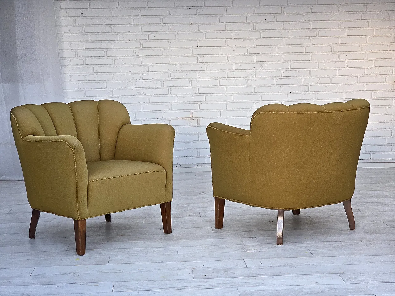 Pair of Danish armchairs, green wool, ash wood legs, 1960s 1