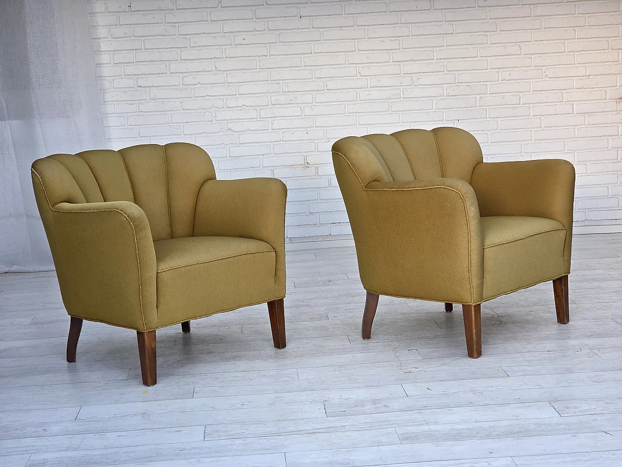 Pair of Danish armchairs, green wool, ash wood legs, 1960s 2