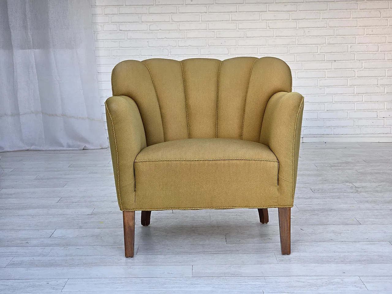 Pair of Danish armchairs, green wool, ash wood legs, 1960s 3