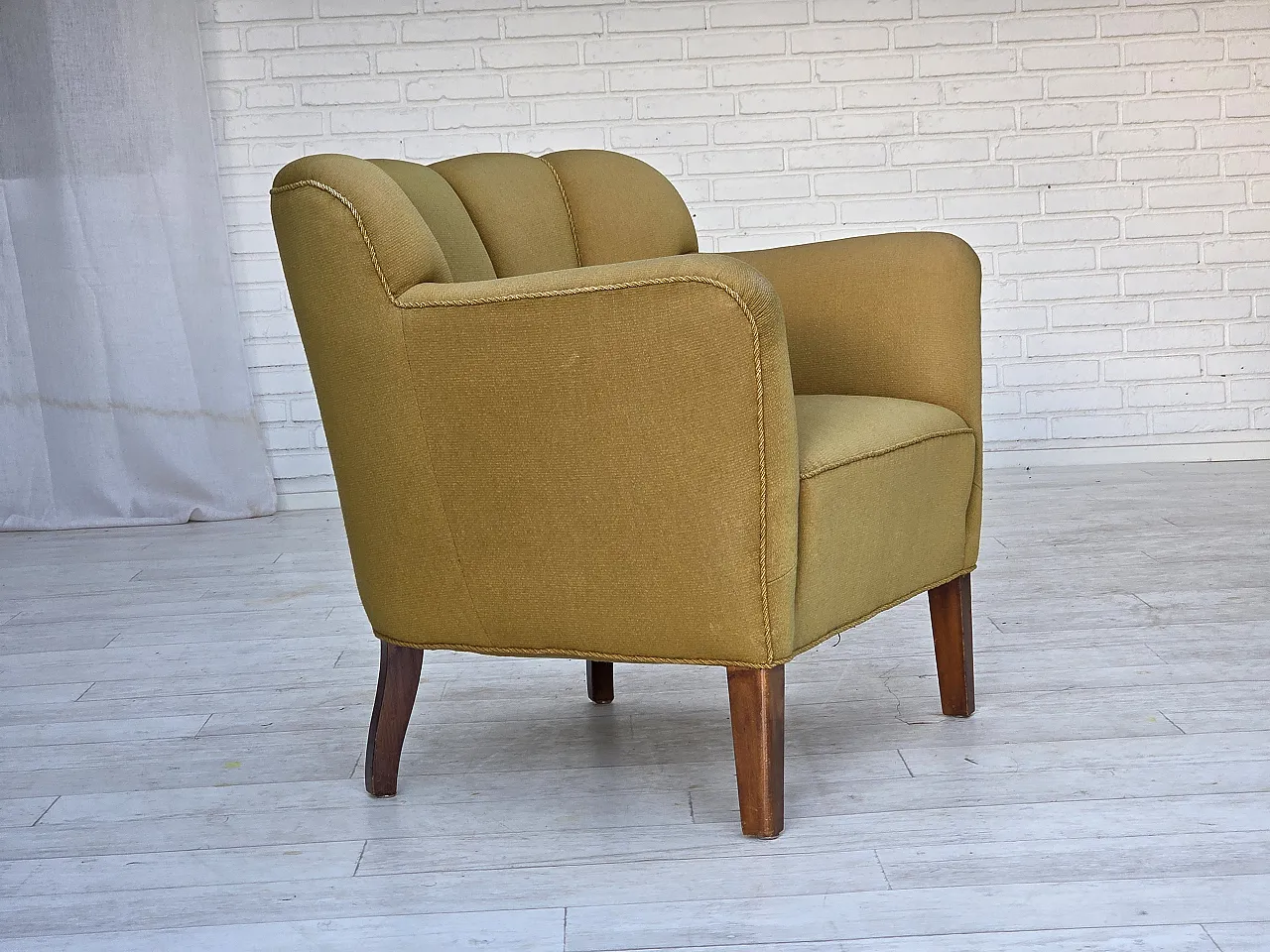 Pair of Danish armchairs, green wool, ash wood legs, 1960s 4