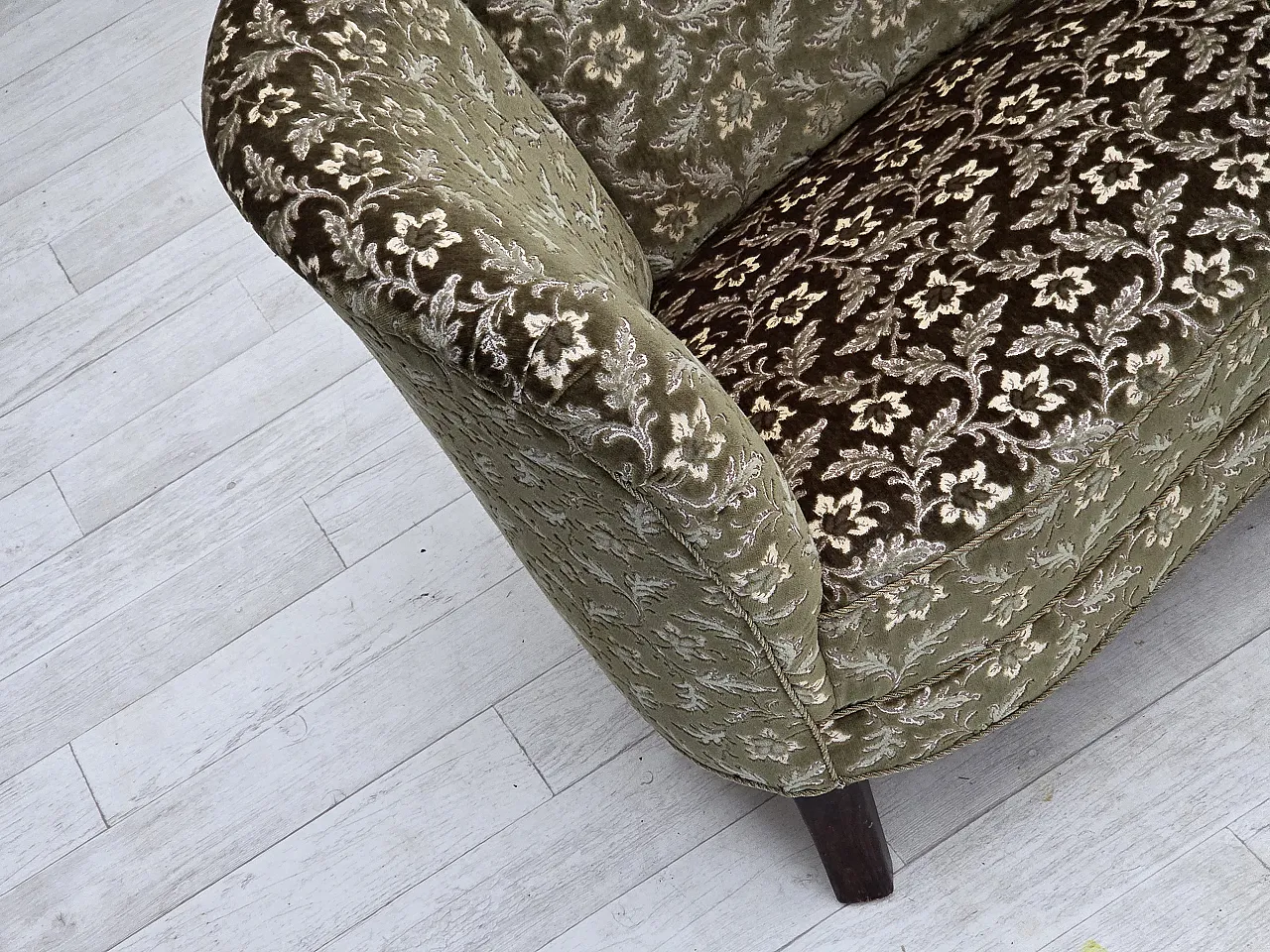 Danish curved 2-seater sofa, green velour, 1960s 4