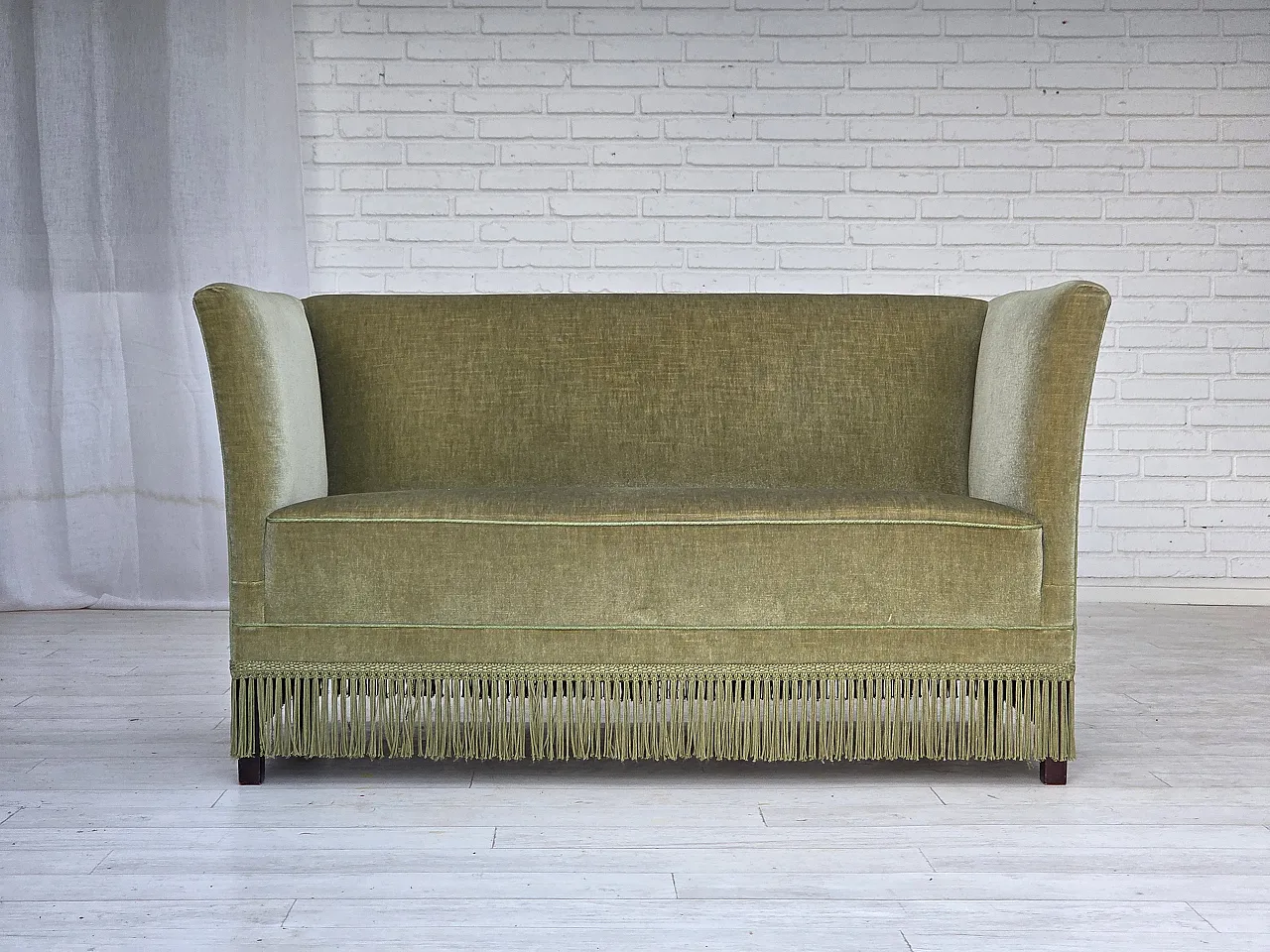 Danish 2-seater sofa, velour, beech wood legs, 1970s 1