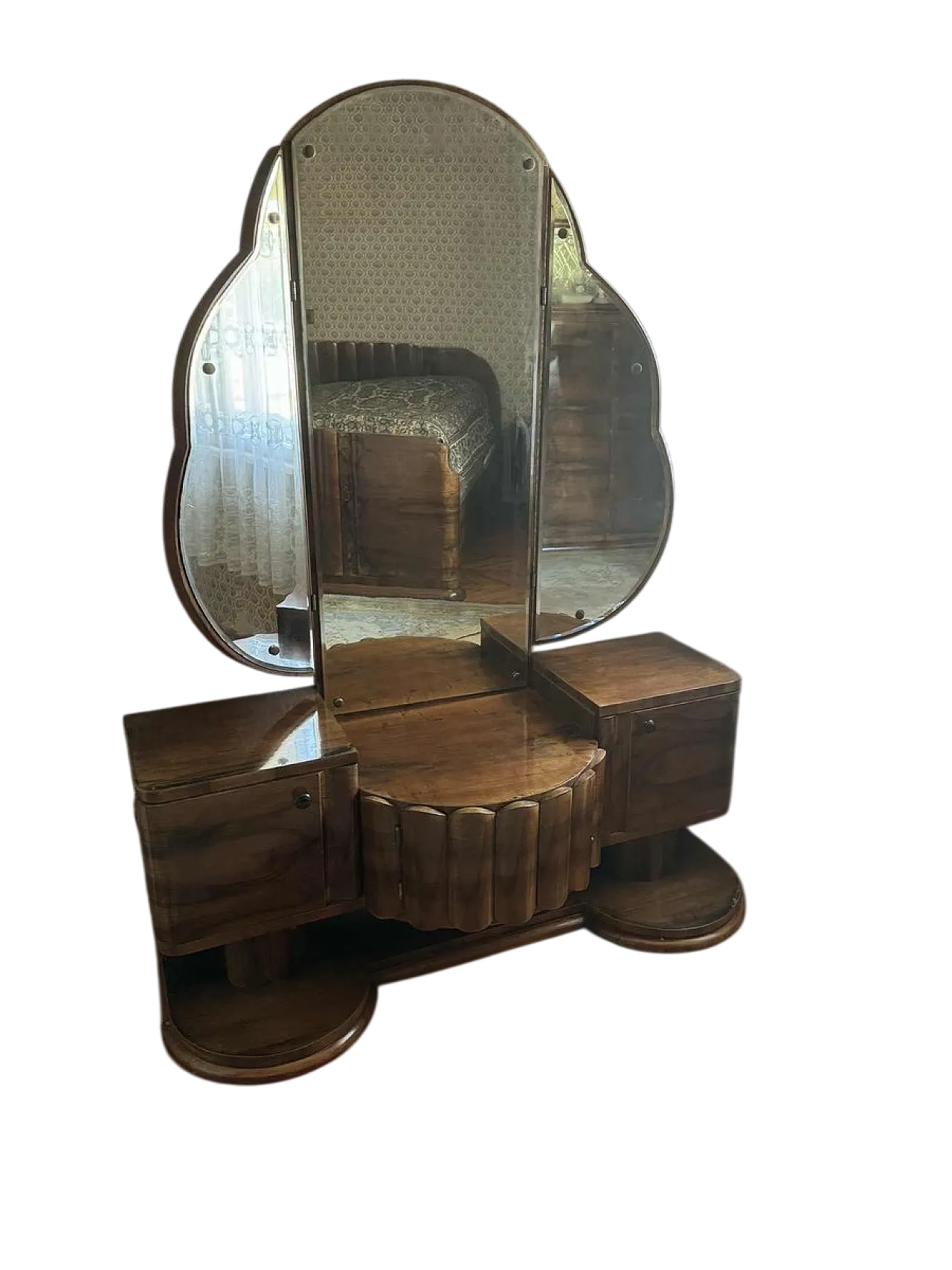 Tavolo da toeletta Art Déco in noce con specchio trittico, anni '30 7