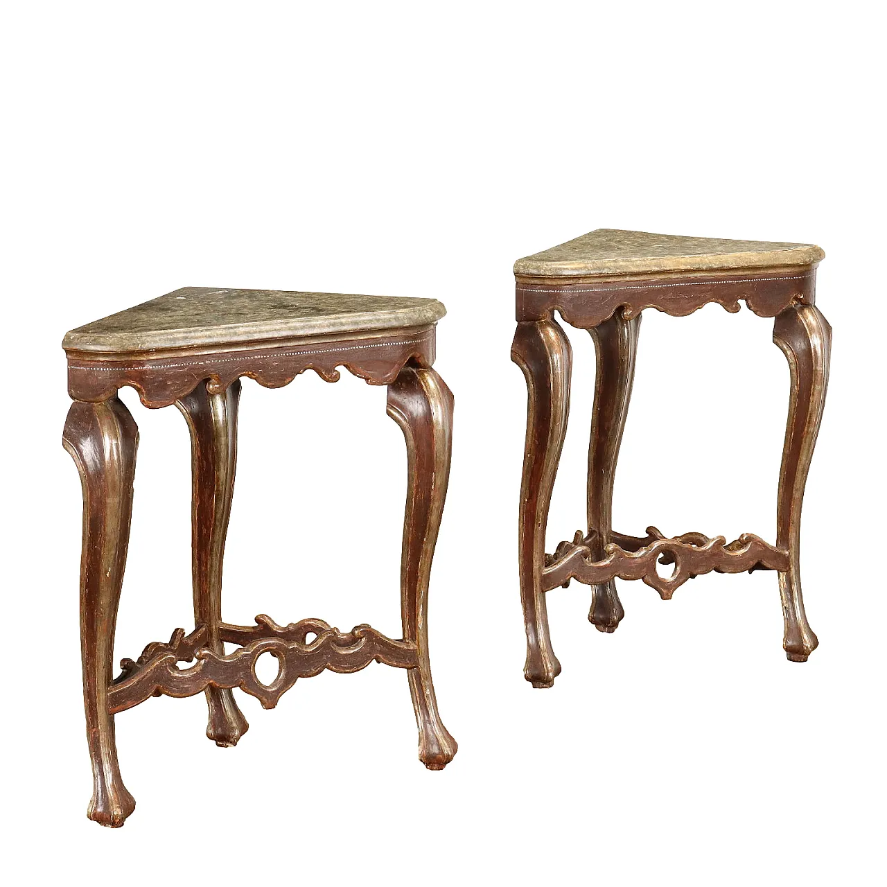 Pair of Barocchetto style gilded and lacquered wood corner consoles 1