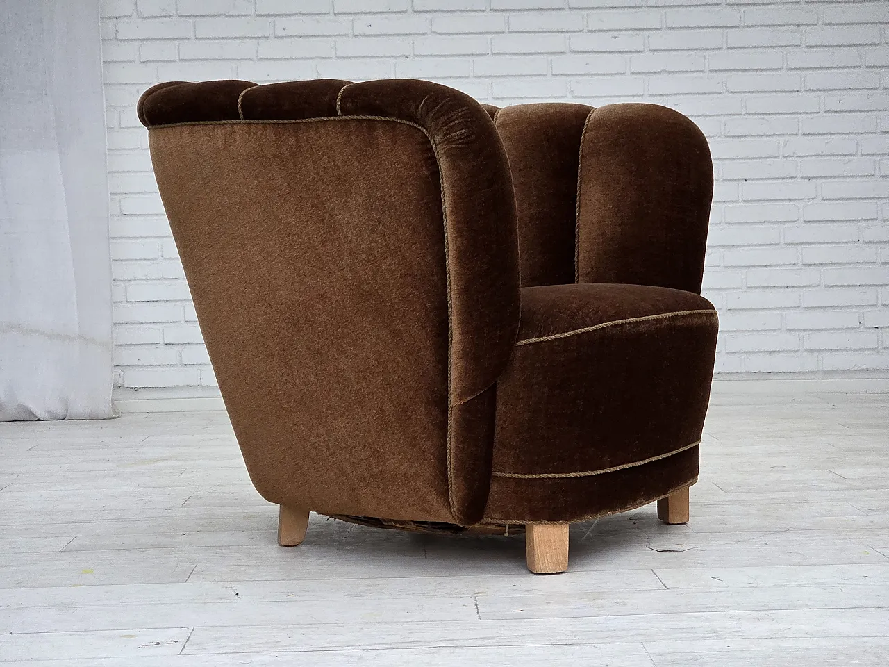 Danish curved chair in brown velvet, 1960s 5