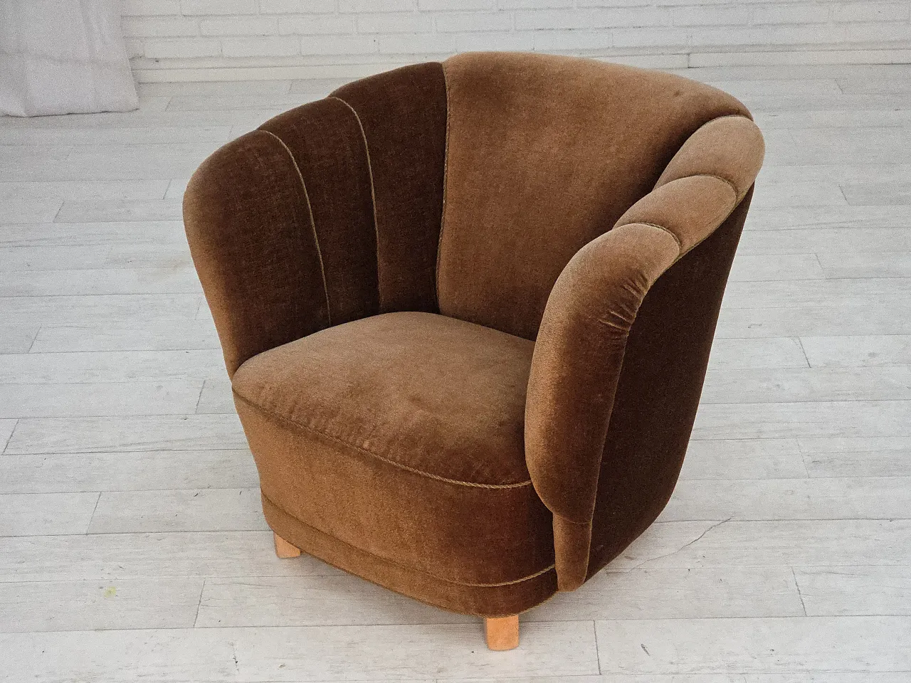 Danish curved chair in brown velvet, 1960s 15