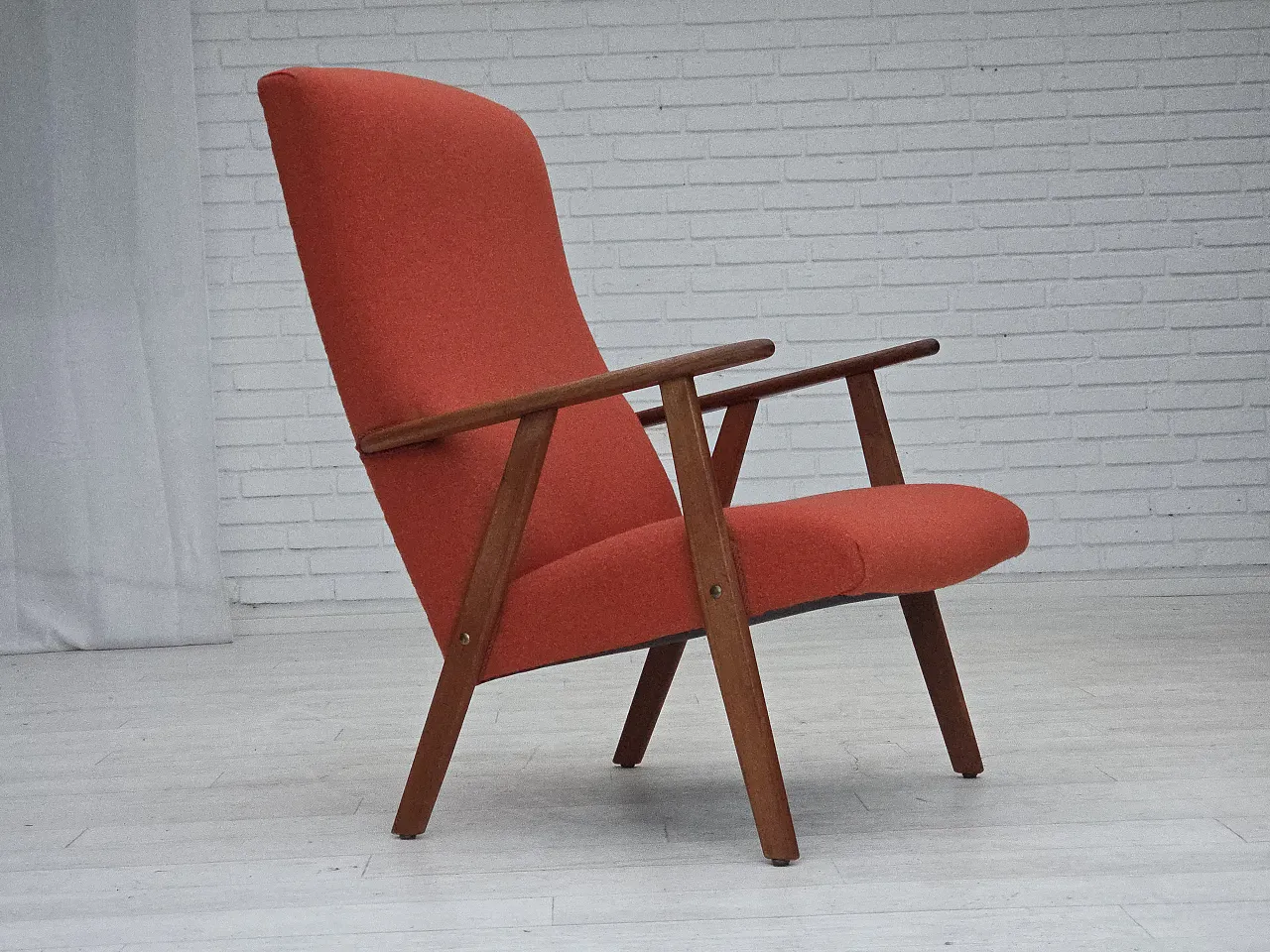 High-back armchair in wool, teak, oak, 1970s 1