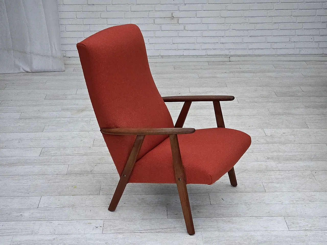 High-back armchair in wool, teak, oak, 1970s 2