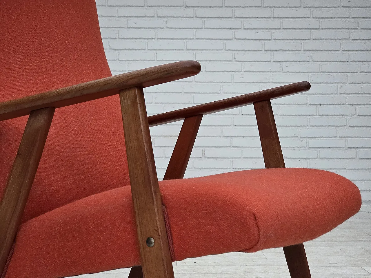 High-back armchair in wool, teak, oak, 1970s 4