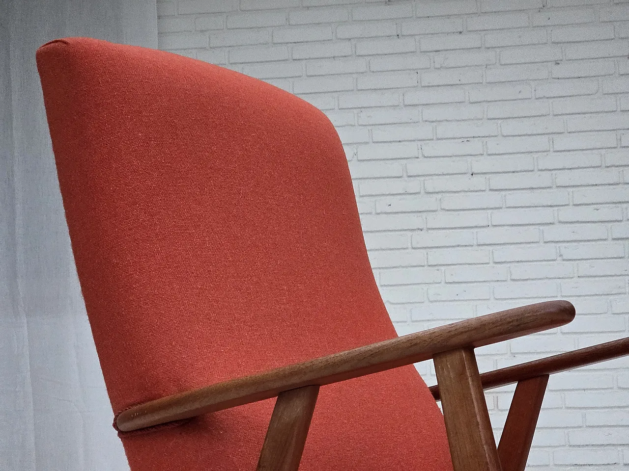 High-back armchair in wool, teak, oak, 1970s 5