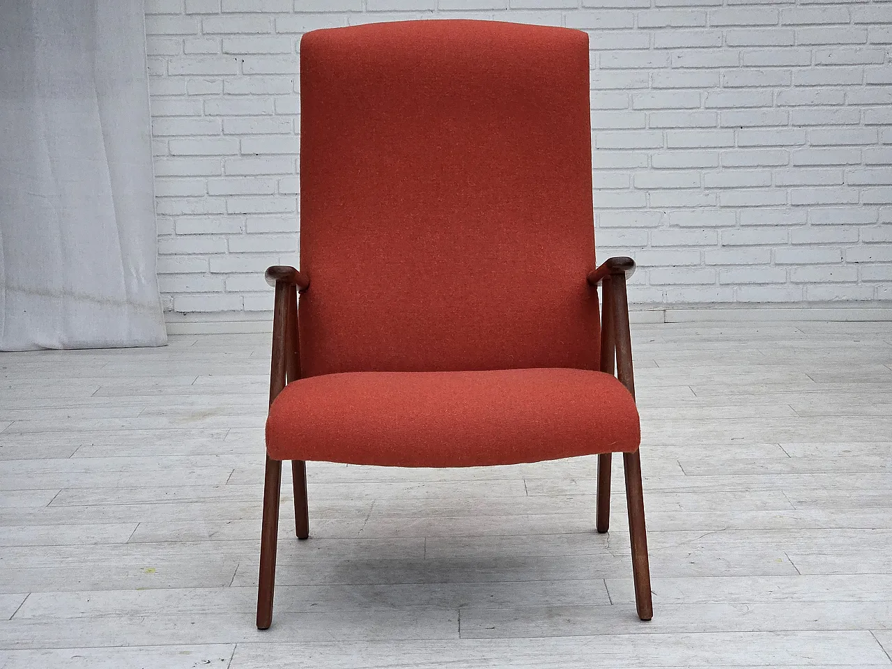 High-back armchair in wool, teak, oak, 1970s 9