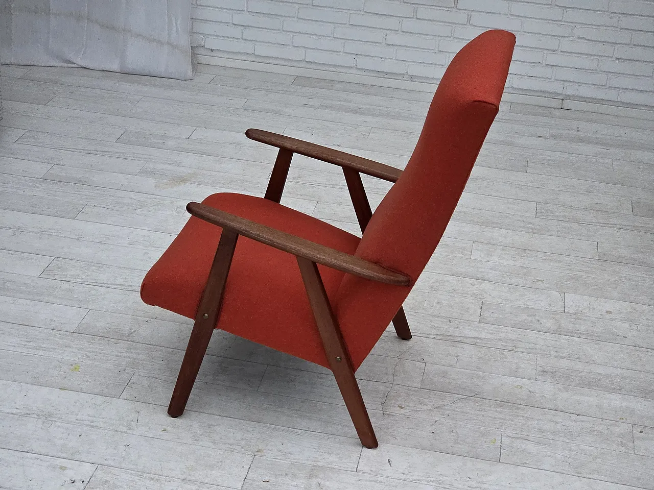 High-back armchair in wool, teak, oak, 1970s 15