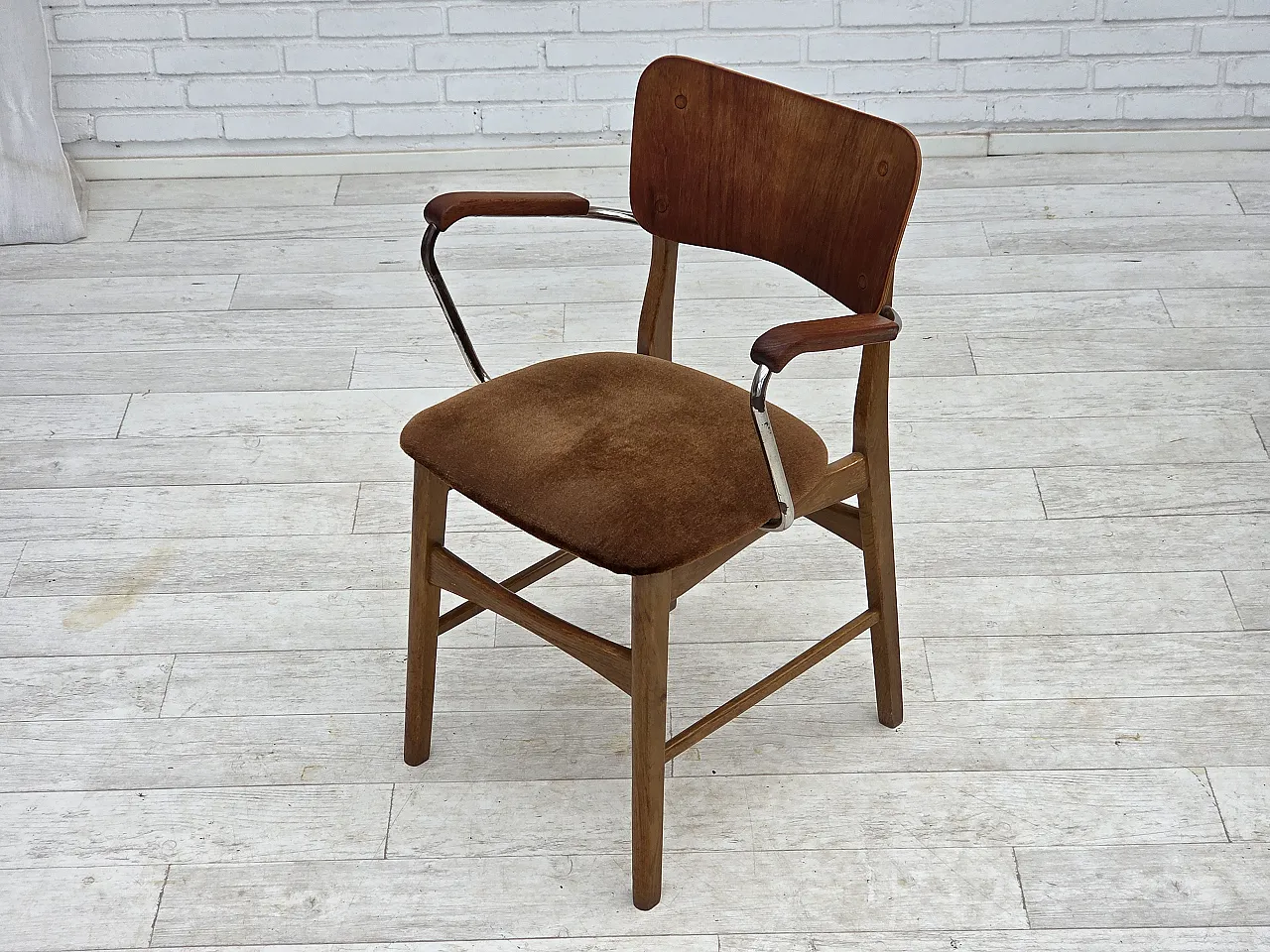 Danish velvet armchair with teak wood armrests, 1960s 17