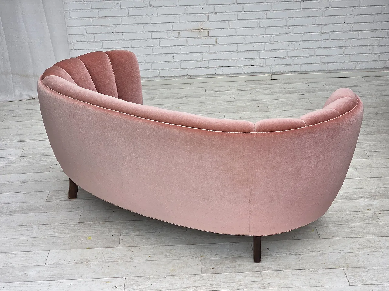 Danish 2-seater curved sofa in salmon pink velvet, 1970s 10