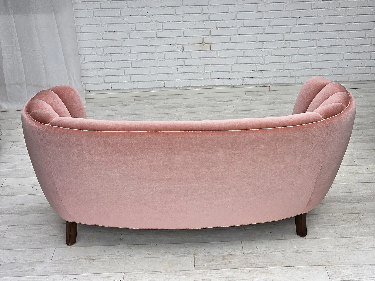 Danish 2-seater curved sofa in salmon pink velvet, 1970s 11