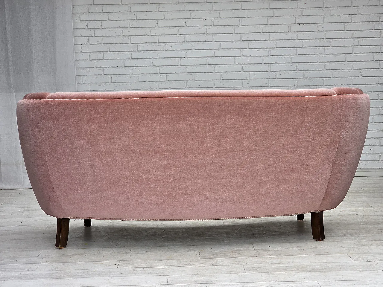 Danish 2-seater curved sofa in salmon pink velvet, 1970s 12
