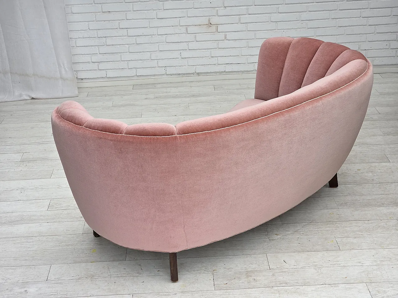Danish 2-seater curved sofa in salmon pink velvet, 1970s 13