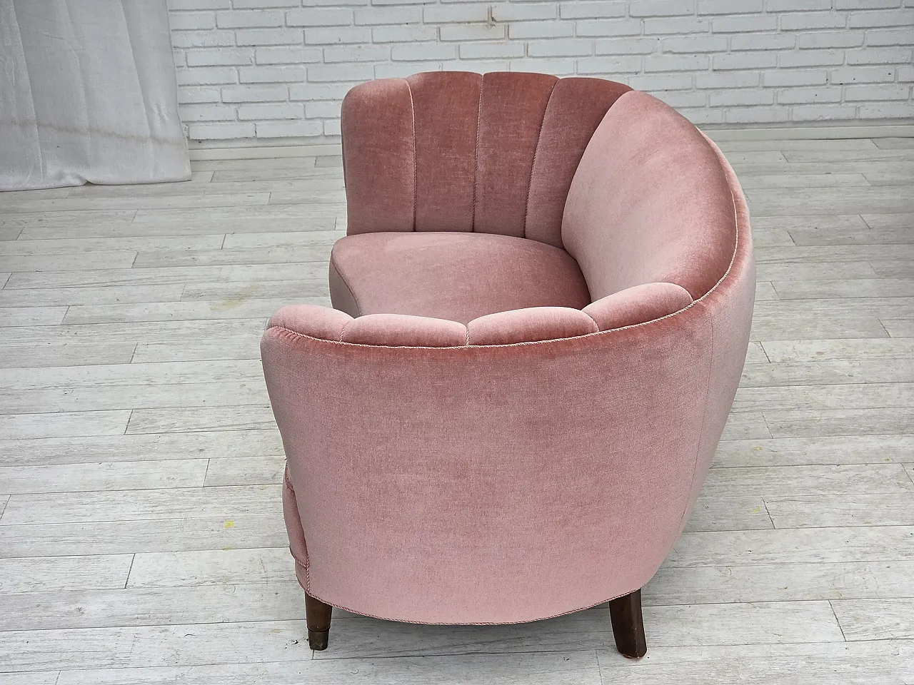 Danish 2-seater curved sofa in salmon pink velvet, 1970s 15