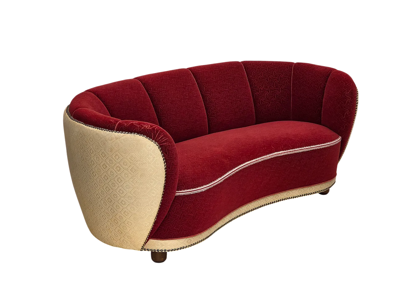 Danish curved 2-seater sofa, red/beige wool fabric, 1960s 22