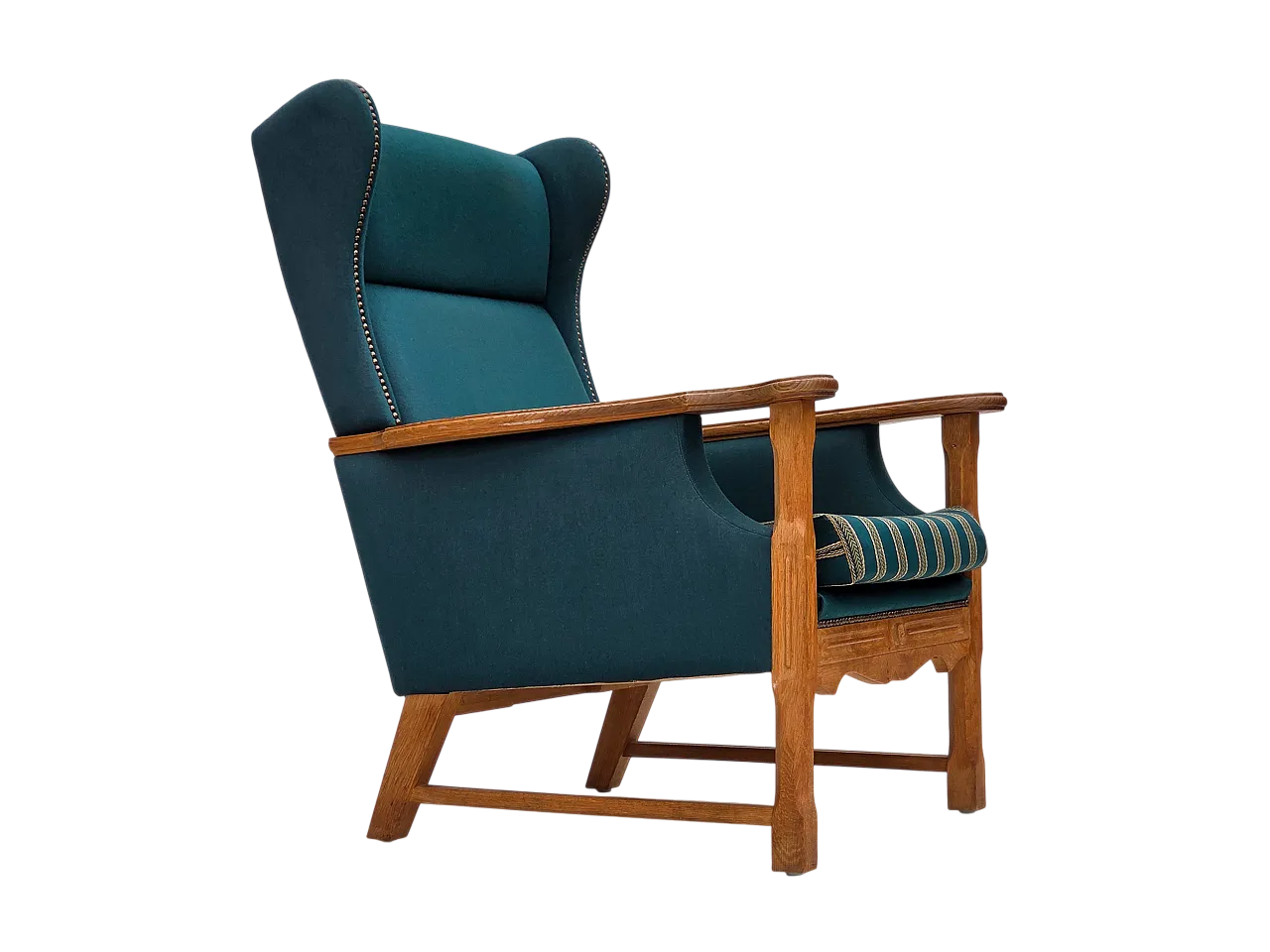Danish highback armchair, furniture wool, oak wood, 1970s 18
