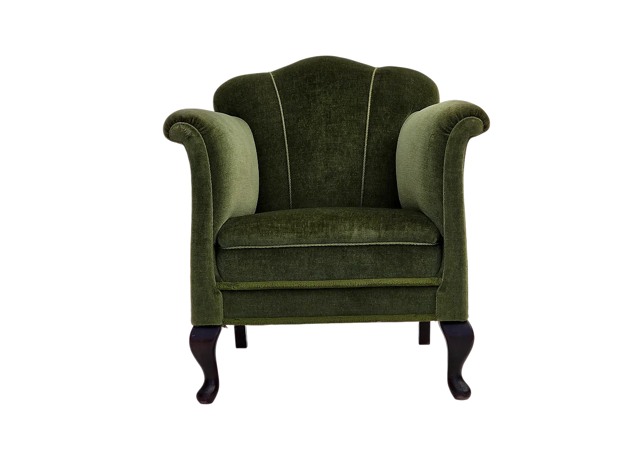 Poltrona danese, velluto verde, gambe in frassino, anni '50 18