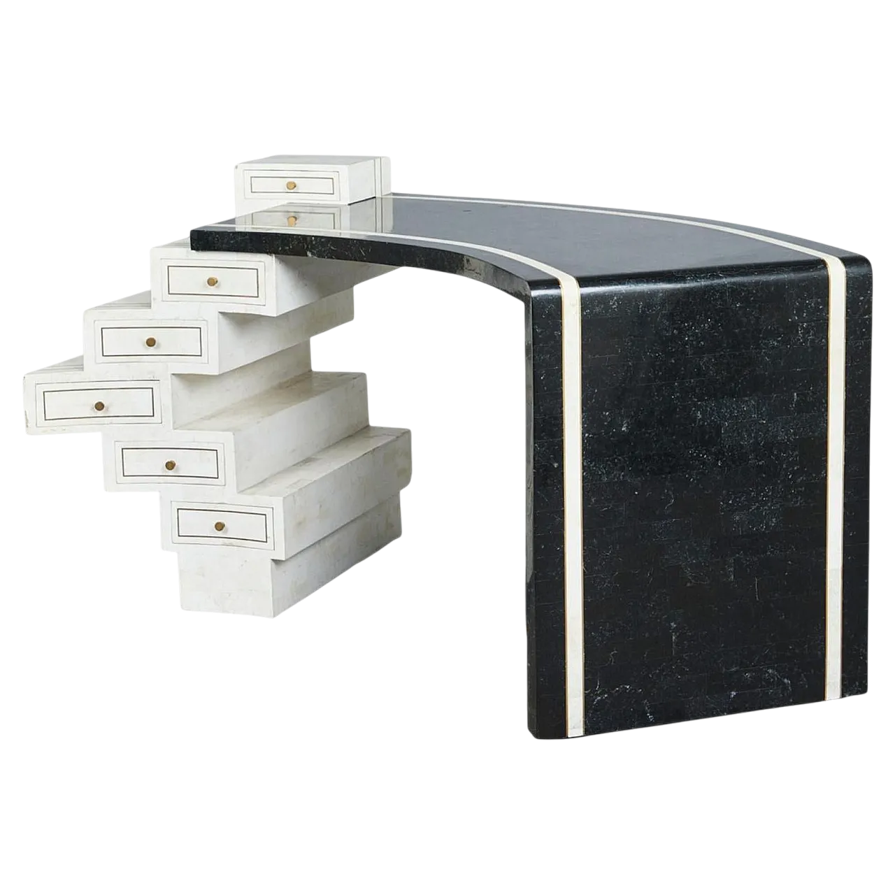 Scrivania unica con impiallacciatura in pietra bianca e nera e intarsi in ottone 9