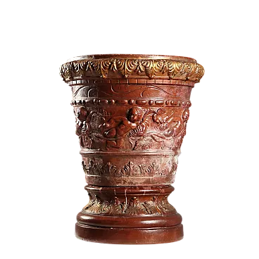 Vaso in terracotta patinata e dorata con decori vegetali, '900