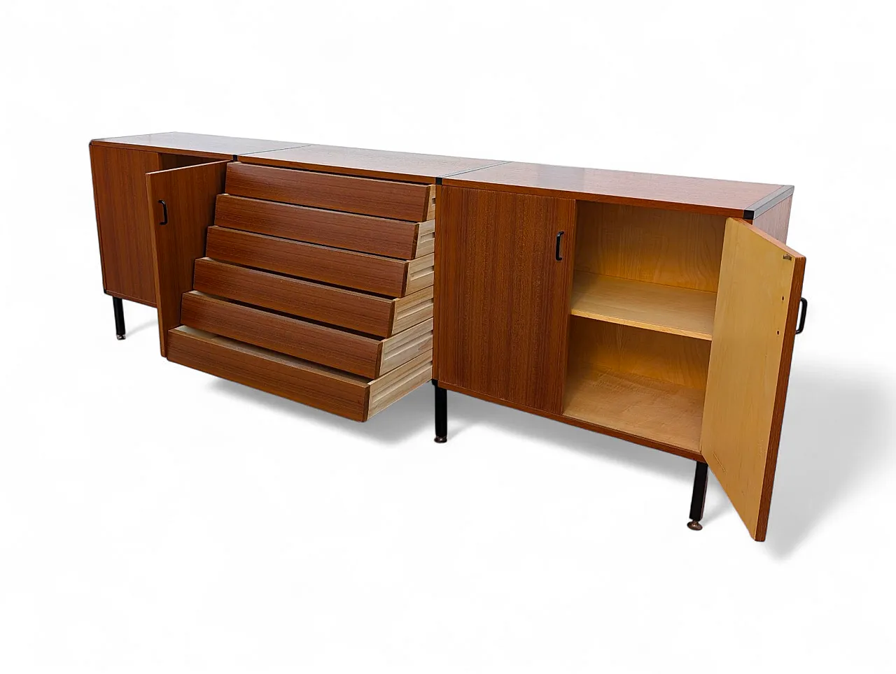 Teak wood cabinet with 6 drawers and 4 doors, 1950s 8