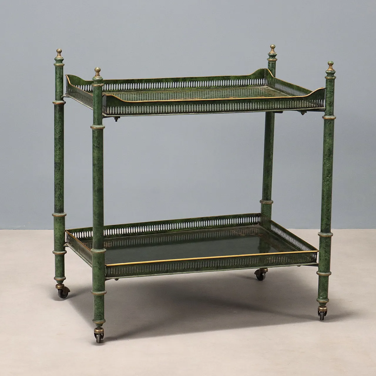 Carrello in ferro laccato a finto marmo, dipinto in oro, '900 1