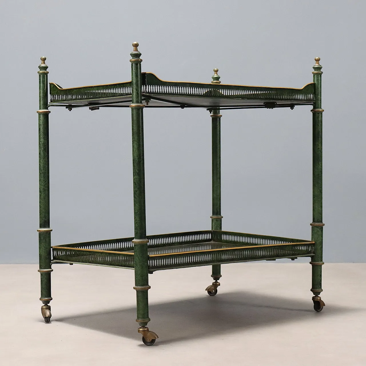 Carrello in ferro laccato a finto marmo, dipinto in oro, '900 10