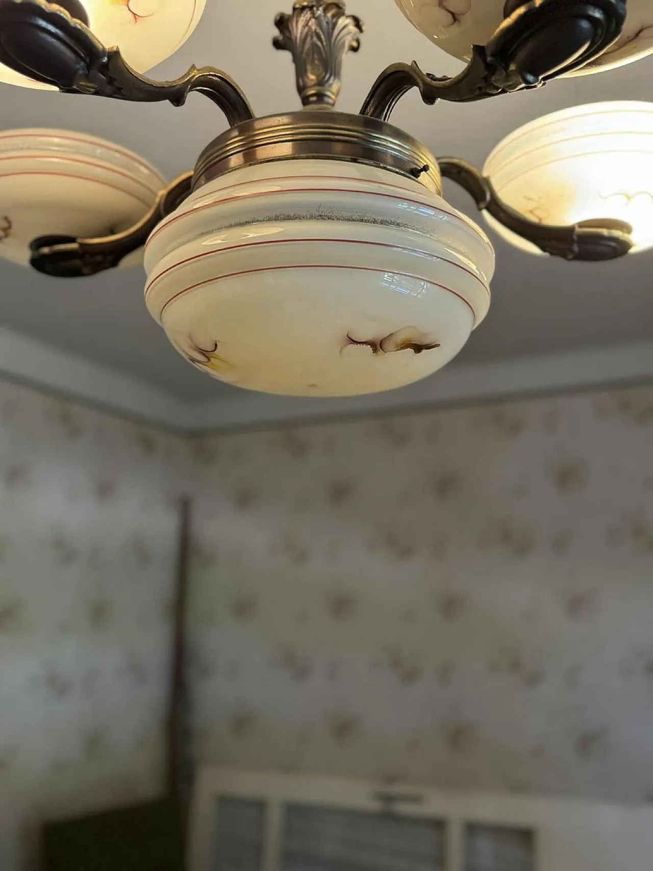 Lampadario Art Déco a 5 braccia in ottone e vetro, anni '40 3