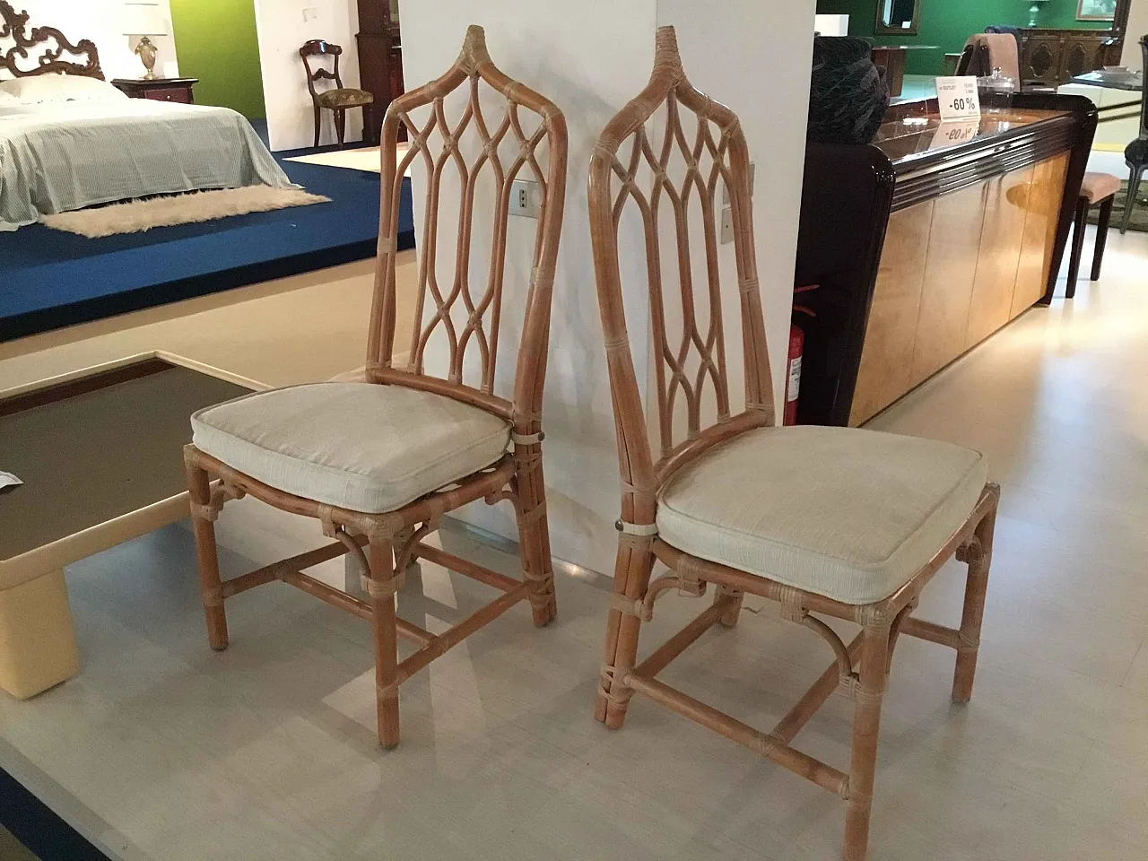 8 chairs by McGuire USA in rattan and parchment leather, 90s 5