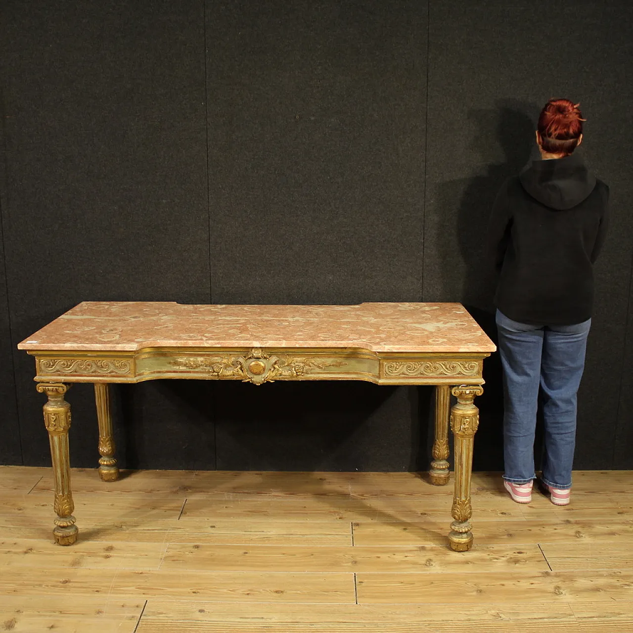 Tavolo console italiano laccato con piano in marmo, '900 4