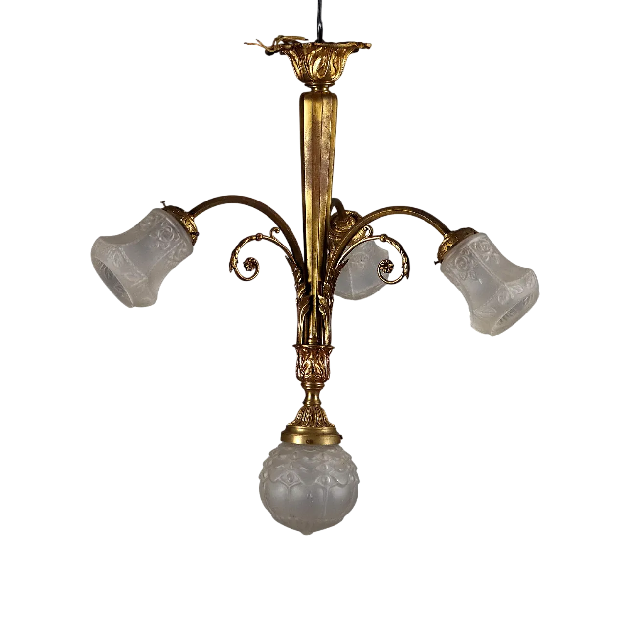 Lampadario in bronzo lavorato e dorato, '900 10