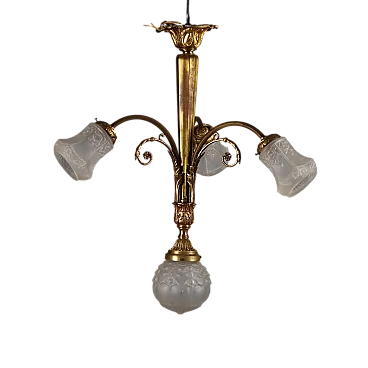 Lampadario in bronzo lavorato e dorato, '900