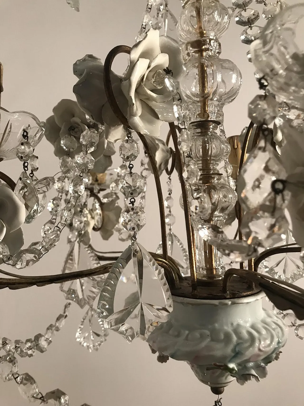 Lampadario vintage in porcellana e cristallo, anni '30 3